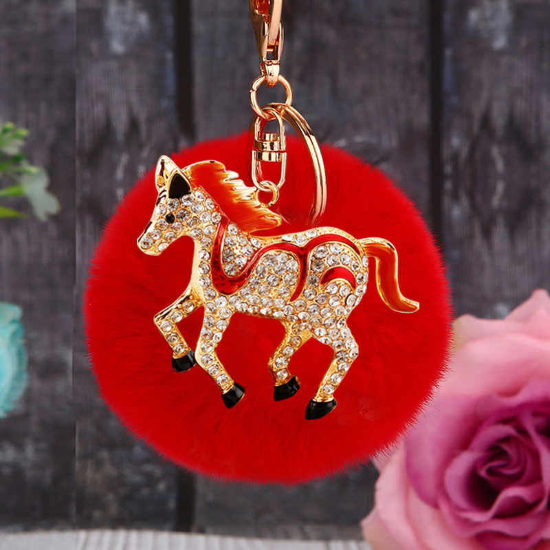 镶钻生肖小马汽车钥匙扣毛绒毛球可爱男女包挂件钥匙链圈礼品