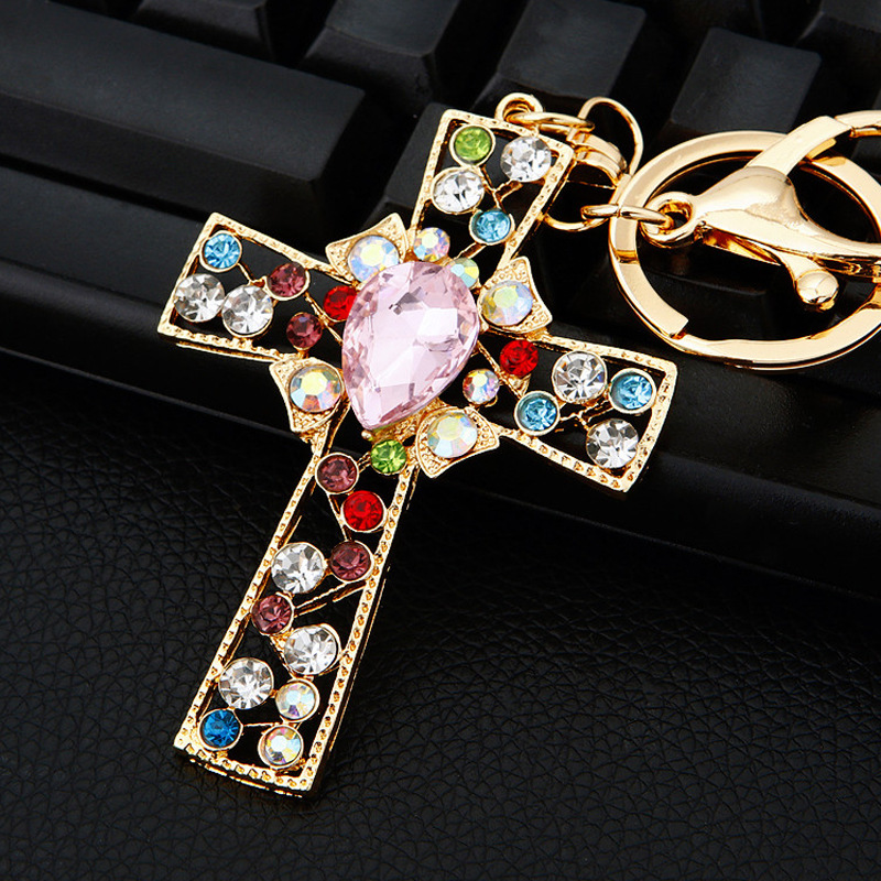 镶钻爱心十字架汽车钥匙扣金属钥匙链圈男女包包挂件创意跨境礼品