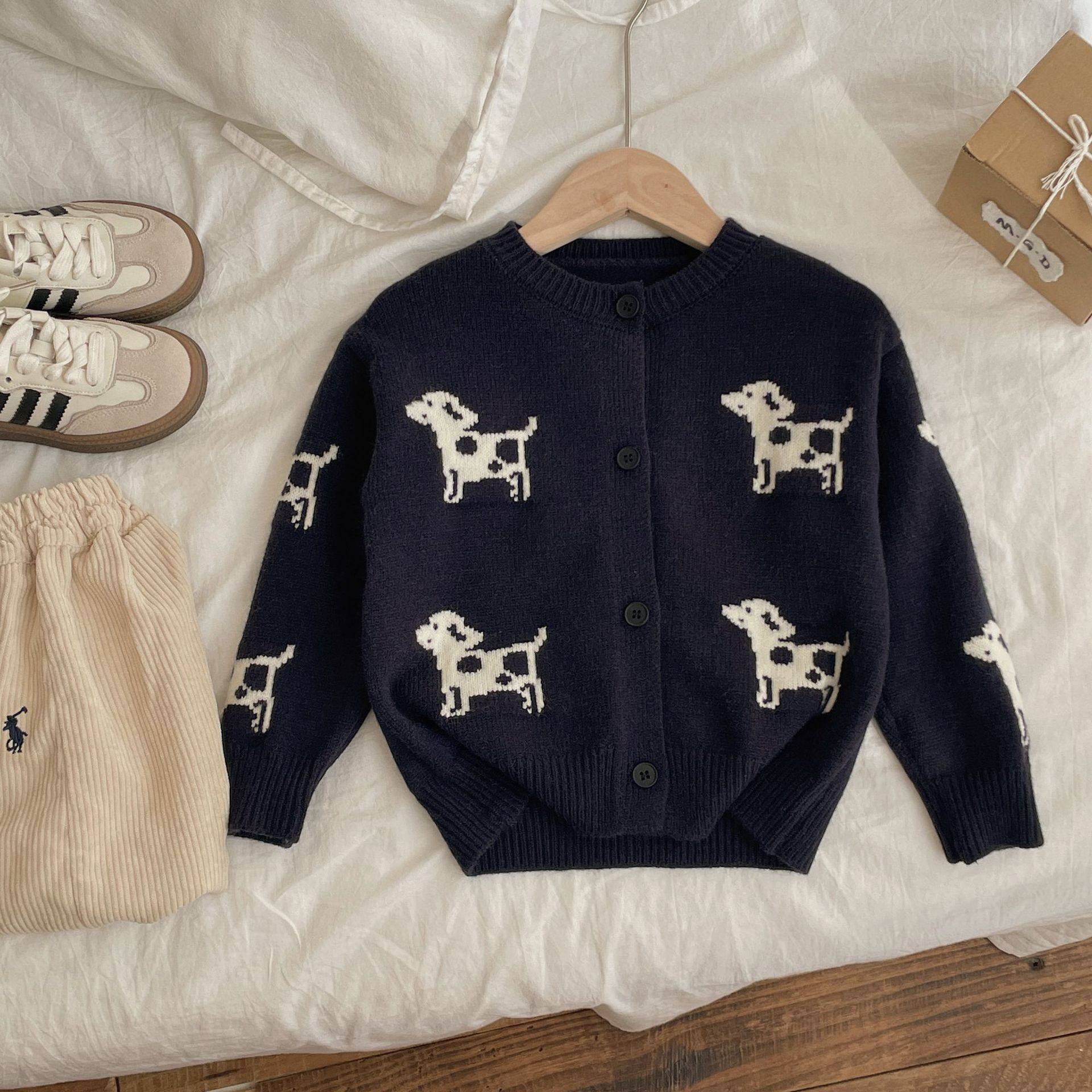 儿童卡通毛衣开衫2025秋冬新款男女童宽松小狗提花针织衫毛线外套