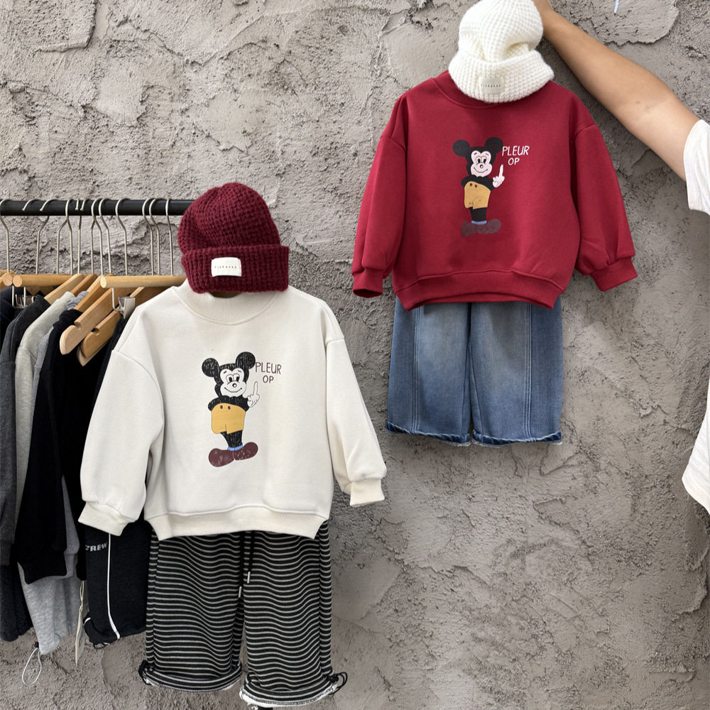 儿童冬季美式恶搞卡通加绒半高领卫衣男女童宽松一体绒保暖绒衫潮