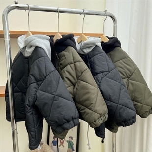 韩国童装冬款儿童假两件连帽棉衣男童女童加厚菱格中长款棉服外套