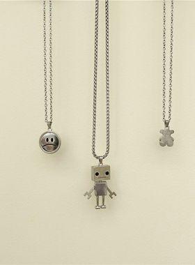 儿童小熊笑脸机器人钛钢项链