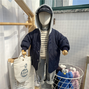 韩版儿童冬季假两件连帽棉衣男童女童轻薄卫衣拼接中长款棉服外套