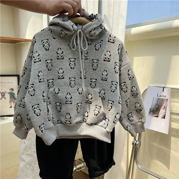 韩国童装2026秋季儿童熊猫连帽卫衣男童女童卡通泡泡刺绣帽衫上衣