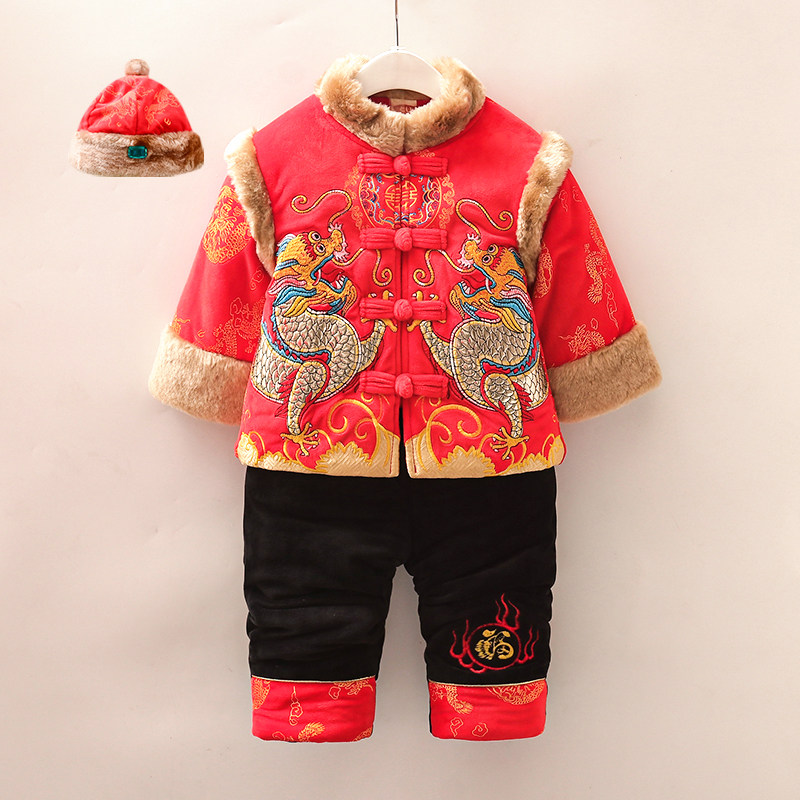 宝宝唐装男童中国风套装儿童周岁礼服1-2-3岁小孩V加厚棉衣冬套装
