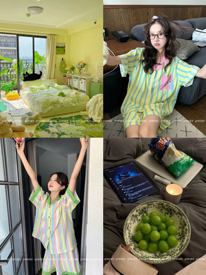 【7款可选】夏日多巴胺！清爽卡通可爱条纹短袖短裤睡衣少女套装M