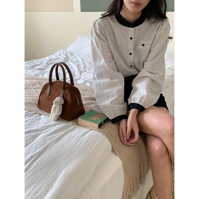 3th Morning 早秋新款 撞色拼接圆领百搭条纹长袖衬衫