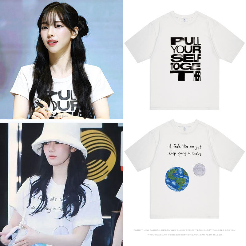 aespa宁艺卓柳智敏街拍穿搭衣服同款宽松印花纯棉短袖T恤夏季上衣