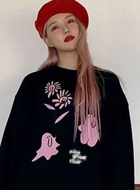 GFRIEND组合郑艺琳同款卫衣纯棉印花加绒薄款秋冬宽松圆领上衣