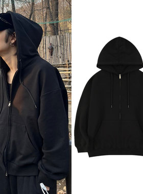 TXT崔然竣ins同款卫衣服纯黑色连帽拉链加绒薄款开衫春秋冬季外套