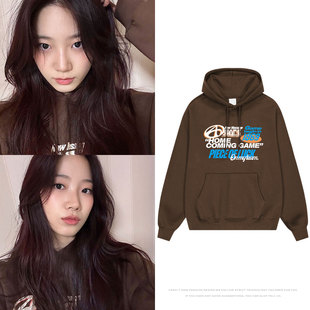 LESSERAFIM中村一叶同款卫衣服2025春秋冬内搭套头印花连帽衫外穿