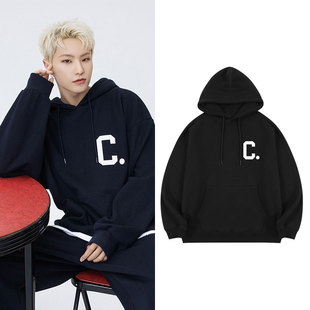 SEVENTEEN权顺荣同款卫衣服字母印花加绒薄款春秋冬季套头连帽衫