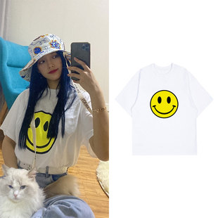 宇宙少女程潇街拍同款短袖T恤宽松落肩笑脸印花男女上衣打歌服夏