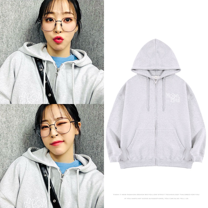MAMAMOO文星伊FM周边同款卫衣服花灰色印花宽松外套拉链连帽开衫