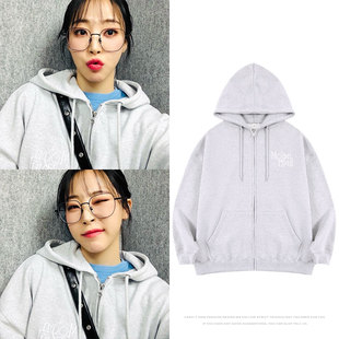 MAMAMOO文星伊FM周边同款卫衣服花灰色印花宽松外套拉链连帽开衫