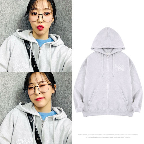 MAMAMOO文星伊FM周边同款卫衣服花灰色印花宽松外套拉链连帽开衫