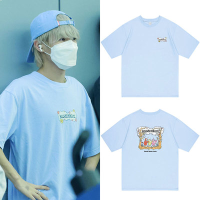 nct dream黄仁俊机场同款衣服宽松落肩纯棉印花短袖T恤上衣打歌服