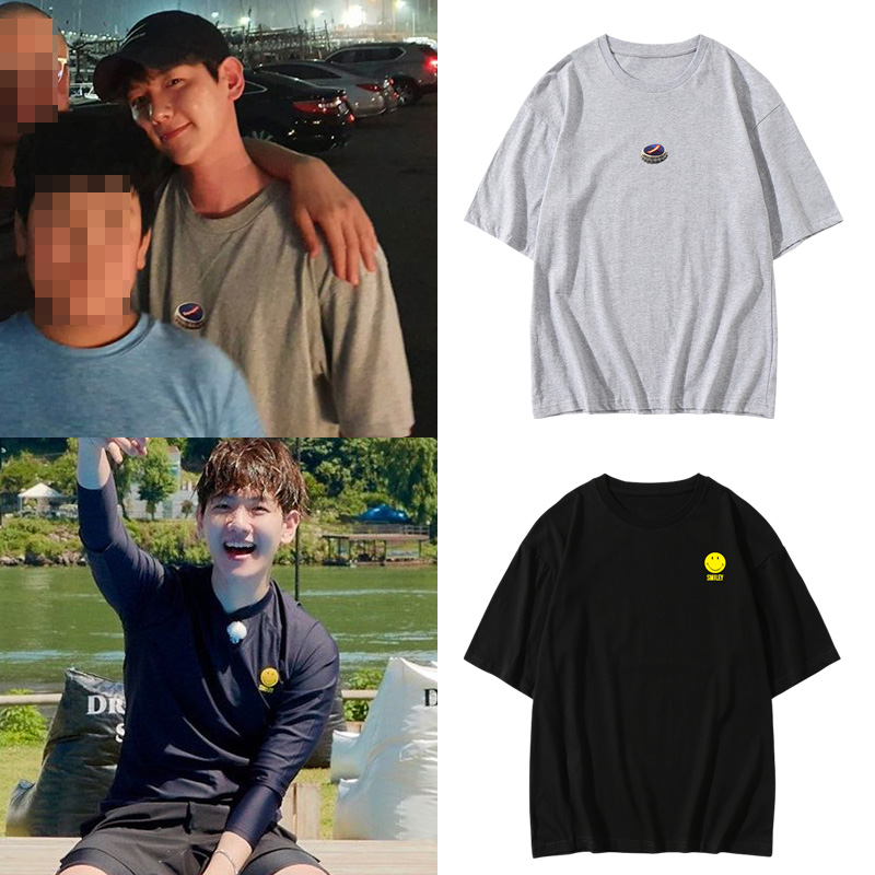 边伯贤衣服同款宽松短袖T恤笑脸印花圆领纯棉男女上衣