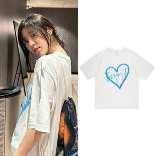 MAMAMOO丁辉人ins同款衣服宽松落肩中袖印花纯棉短袖t体恤上衣夏