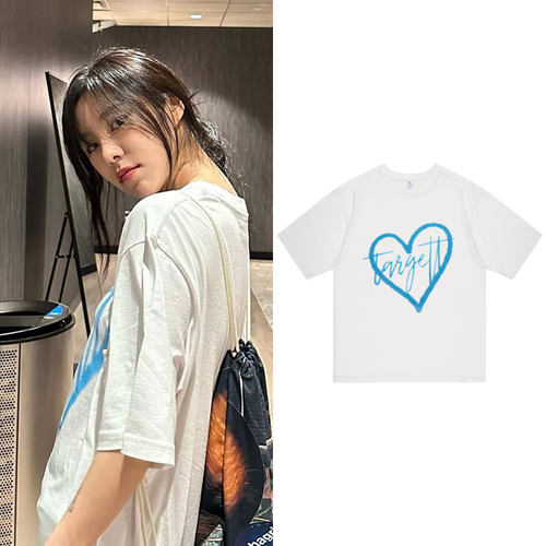 MAMAMOO丁辉人ins同款衣服宽松落肩中袖印花纯棉短袖t体恤上衣夏