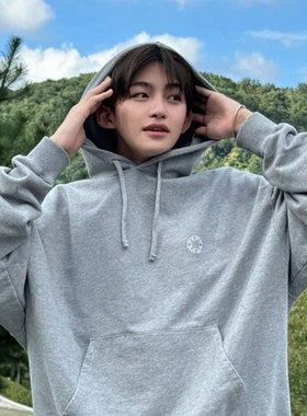 TWS韩志薰同款卫衣服灰色宽松印花薄款加绒套头连帽衫秋冬季上衣