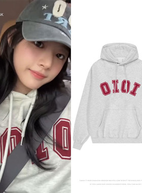 鲸妹NewJeans金玟池NJZ同款衣服宽松印花花灰色套头连帽衫卫衣服