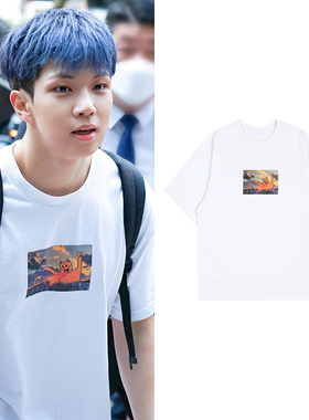 NFLYING组合柳会胜街拍同款短袖T恤宽松圆领印花男女上衣打歌服