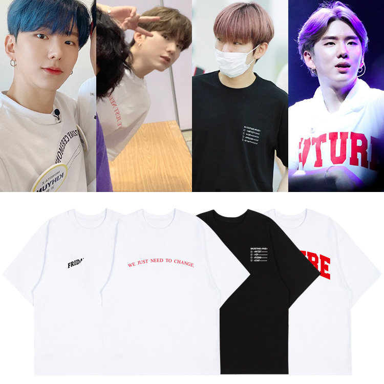 MONSTA X基显刘奇贤街拍同款短袖T恤宽松纯棉圆领印花男女上衣服