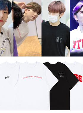 MONSTA X基显刘奇贤街拍同款短袖T恤宽松纯棉圆领印花男女上衣服