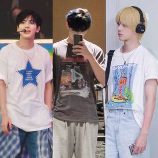 T体恤打底衫 TXT崔凡圭姜太显崔秀彬同款 衣服宽松纯棉印花落肩短袖