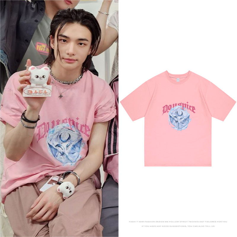 straykids黄铉辰同款衣服宽松休闲粉色印花纯棉短袖T恤夏季打底衫