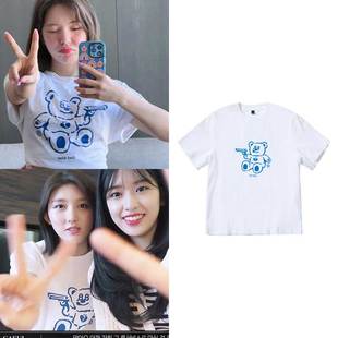 IVE金秋天孙胜完同款短袖T恤宽松落肩纯棉印花纯棉夏季男女打底衫