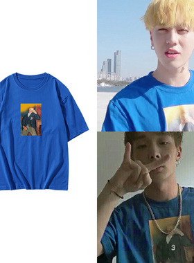 GOT7金有谦IKON金知元衣服同款T恤宽松落肩短袖纯棉印花男女上衣