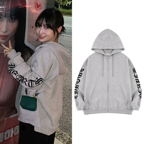 twice平井桃同款卫衣服开衫字母印花加绒薄款秋冬拉链连帽衫外套