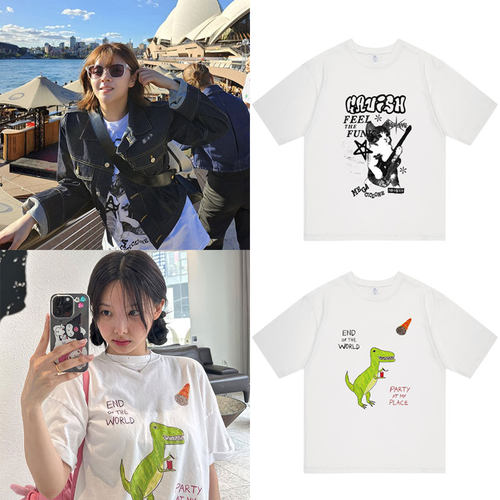 TWICE林娜琏俞定延同款短袖T体恤宽松落肩中袖夏季纯棉印花上衣服