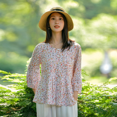 2025夏新款棉绸上衣女宽松大码人造棉绵绸七分袖时尚外穿开衫T恤