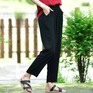 2023新款棉绸黑色裤女夏海边度假防晒裤宽松人造棉长裤纯色哈伦裤