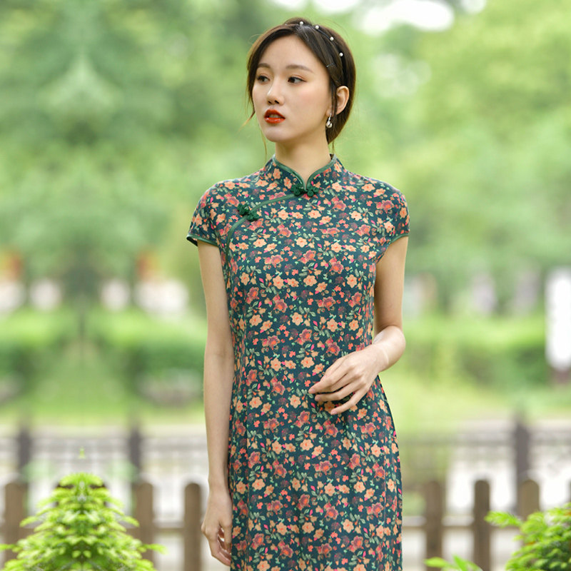 棉绸连衣裙女夏新款2025人造棉绵中长款气质修身显瘦时尚旗袍裙子