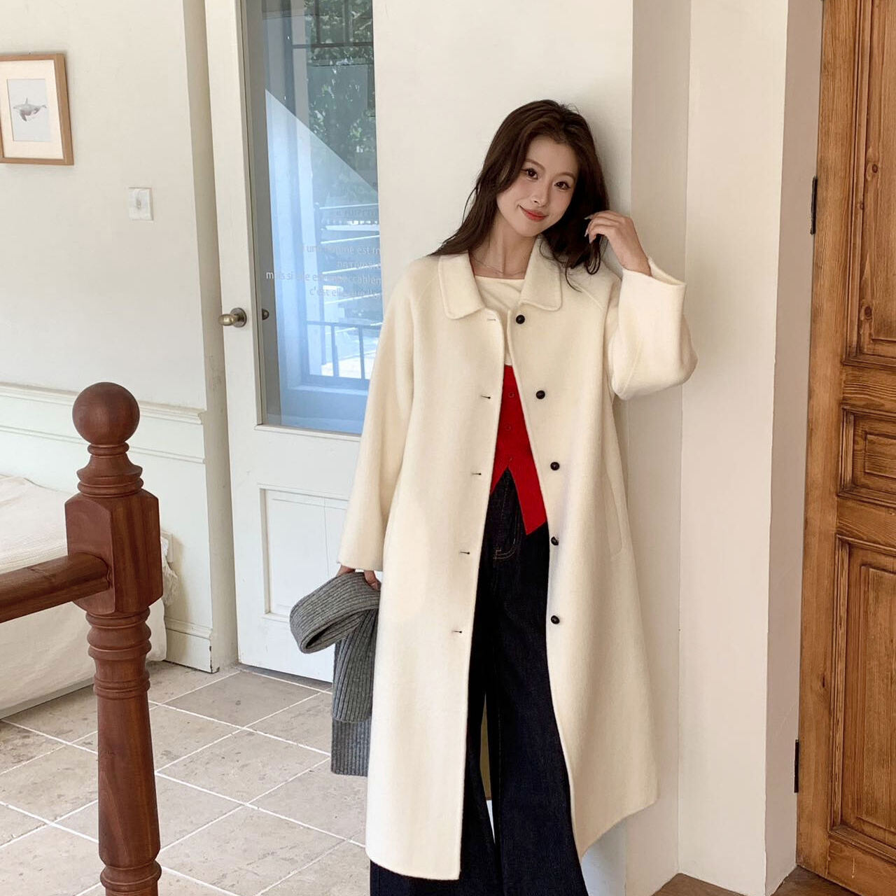 冬上新简约百搭～不挑人质感韩里韩气单排扣韩系新款羊毛外套（含