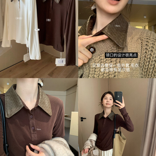 冬上新简约复古日常休闲拼皮领口polo磨毛长袖 T恤