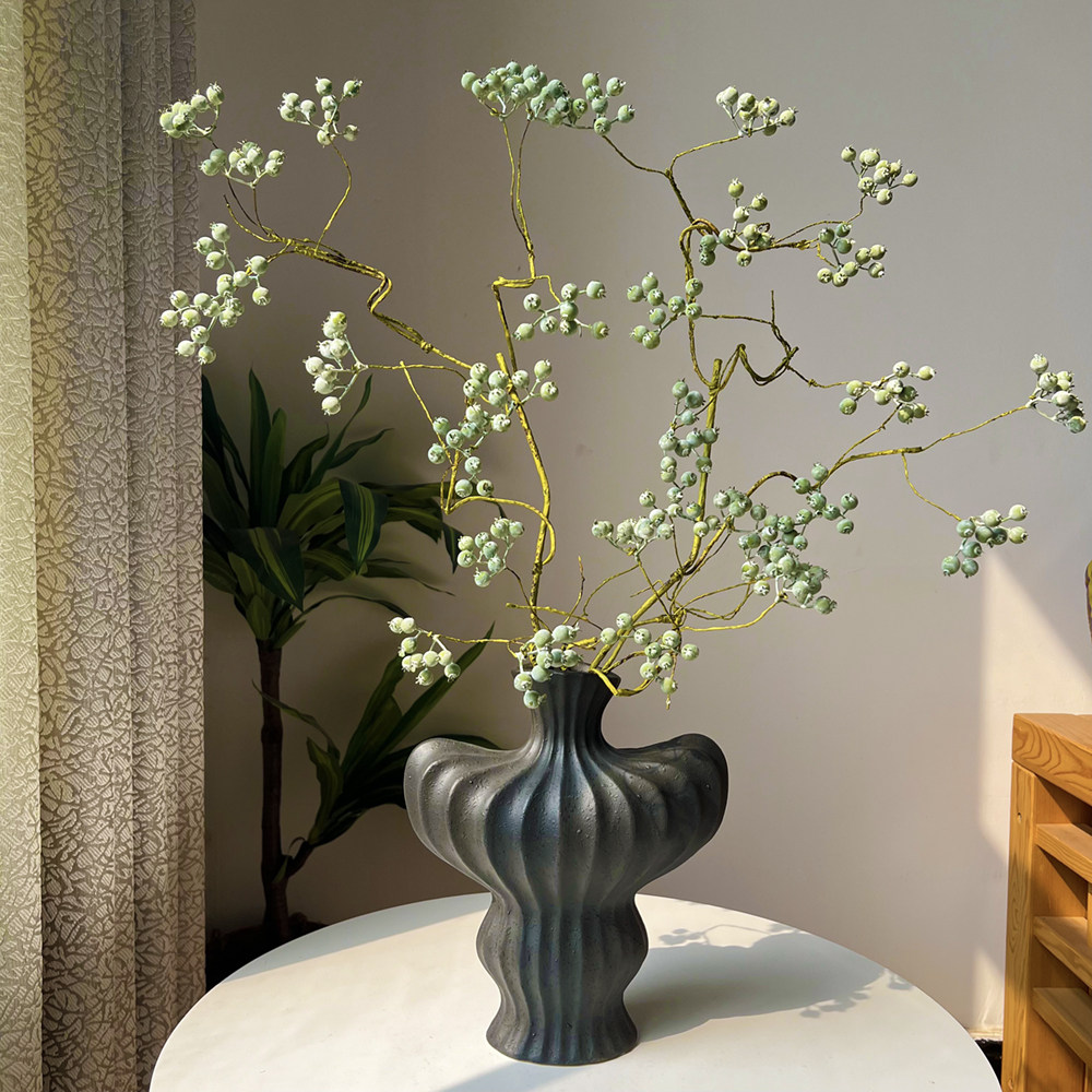 禅意仿真带霜绿色浆果枝马桑果花艺插花摆件酒店大堂创意装饰假花