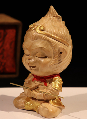 静思桃木彩绘卡通风孙悟空摆件