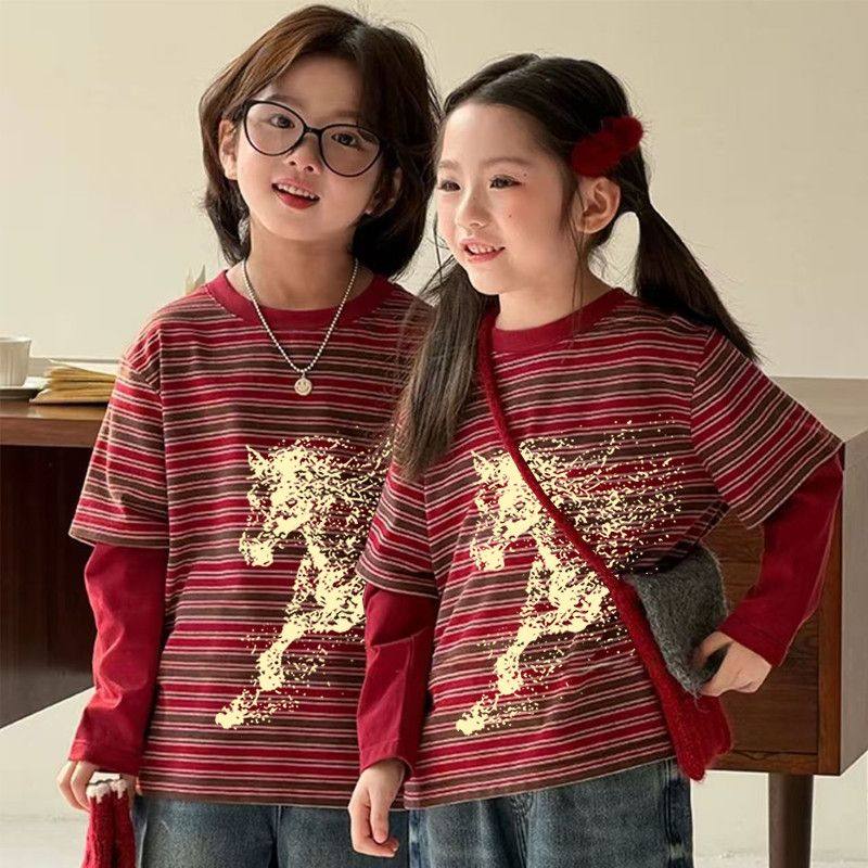 2026新年装马年红色洋气条纹长袖中大男女童春秋季假两件T恤上衣