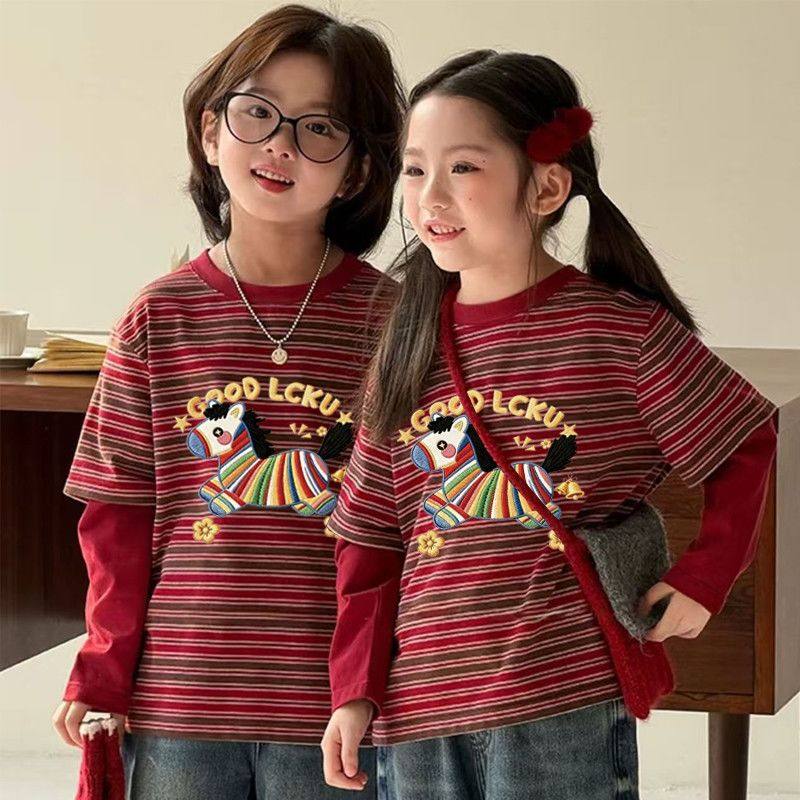 2026新春款马年过年红条纹男女童纯棉假两件T恤长袖打底衫上衣潮t