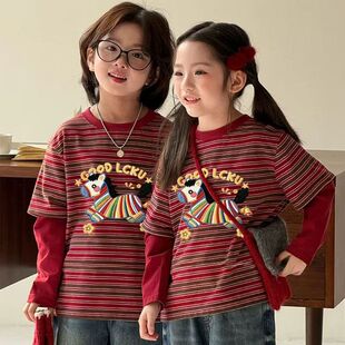 2026新春款马年过年红条纹男女童纯棉假两件T恤长袖打底衫上衣潮t