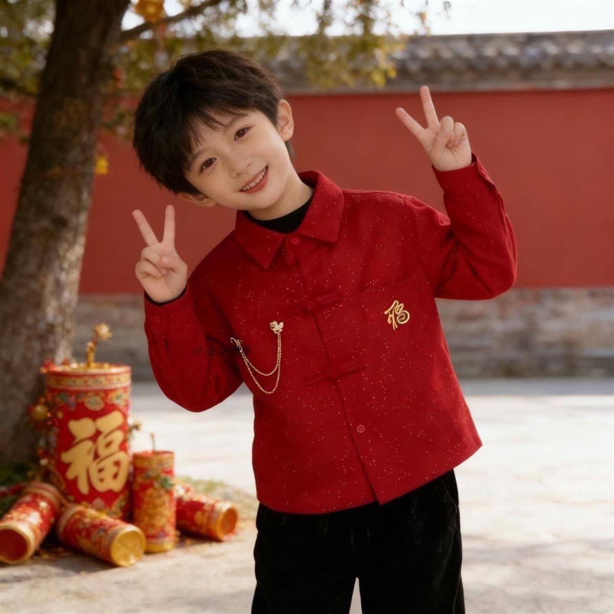 男童新中式过年服加绒衬衫外套儿童宝宝冬季加厚红色新年喜庆上衣