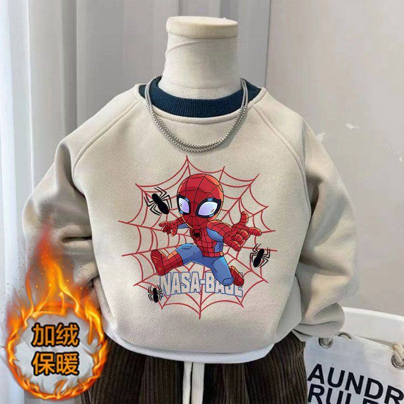 男童加绒加厚卫衣百搭宽松长袖童装小众圆领蜘蛛侠拼接洋气上衣潮
