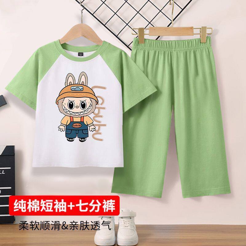 拉布布男童睡衣2025新款夏季纯棉女童短袖两件套儿童家居服套装潮