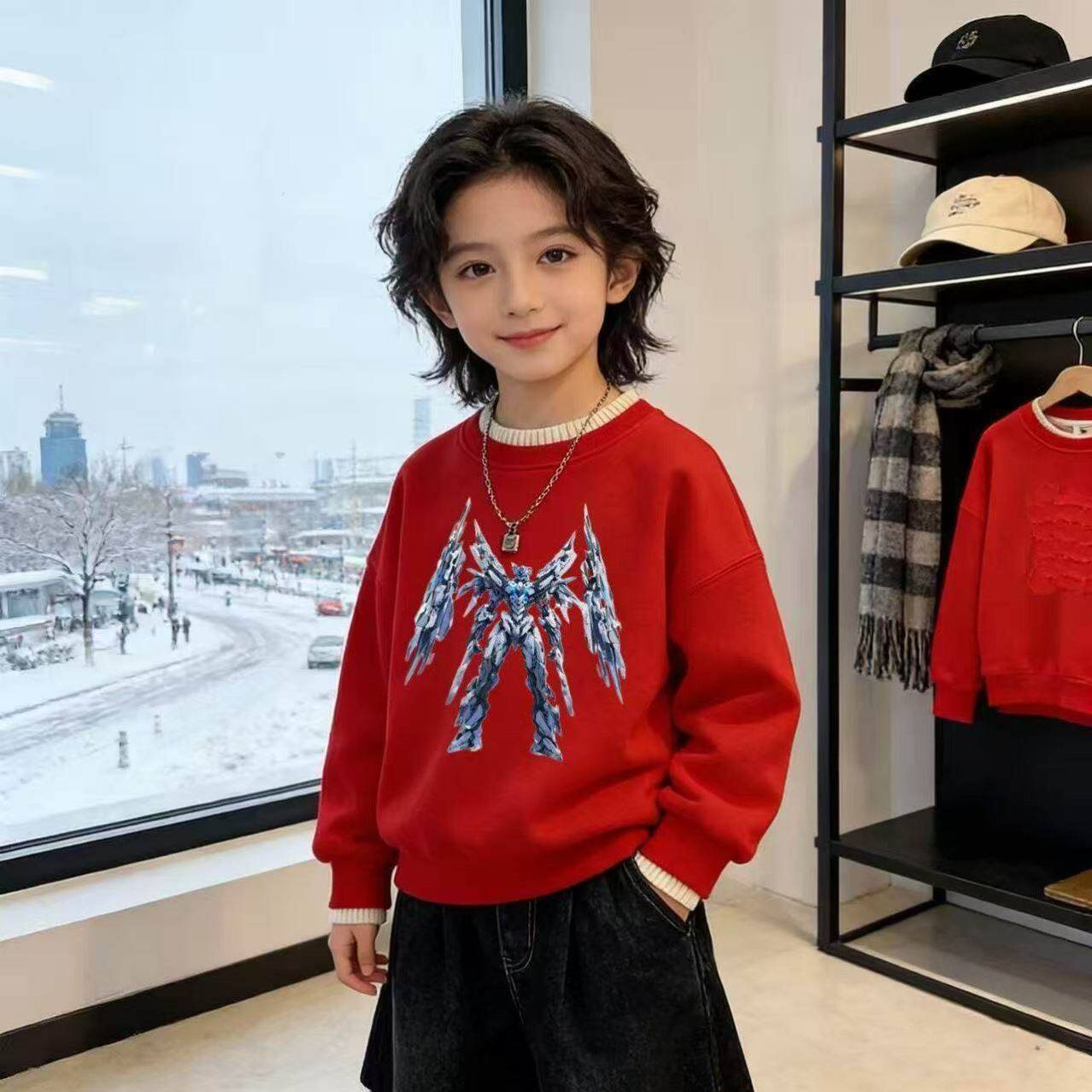 儿童红色男童四圣机甲加绒卫衣秋冬装2025中小童洋气新年喜庆上衣
