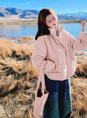 黄色波点设感短款立计C021-311领绒服女205冬小个子减龄保2暖羽白